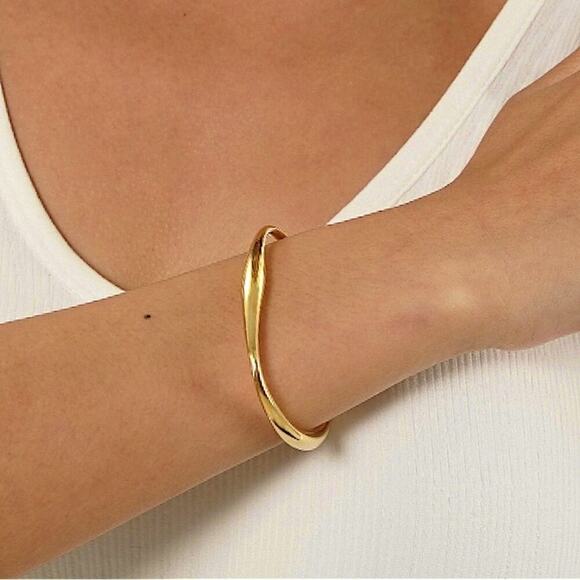 Gold Irregular Bangle Cuff Bracelet, Geometric, Asymmetric - Picture 11 of 15